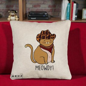 Perna Decorativa Pisica Cowboy Meowdy, 40x40 cm, Bej Canapea, Husa Detasabila, Perna Inclusa, BEKZ®