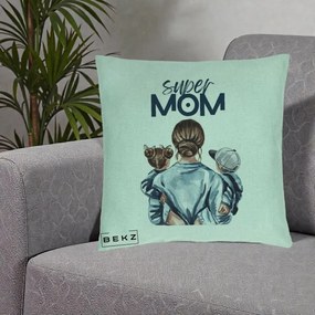Cadou pentru Mama - Perna Personalizata Super Mom, 40x40 cm, Verde Menta, Husa Detasabila, Perna Inclusa, BEKZ®