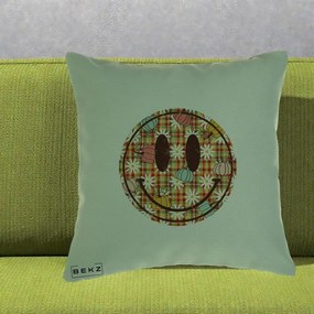 Perna Decorativa Smiley Face de Toamna cu Tartan si Dovlecei, 40x40 cm, Verde, Husa Detasabila, Perna Inclusa, BEKZ®