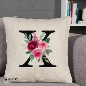 Cadou Personalizat - Perna Personalizata Monograma Florala Litera X cu Buchet, 40x40 cm, Bej Canapea, Husa Detasabila, Perna Inclusa, BEKZ®