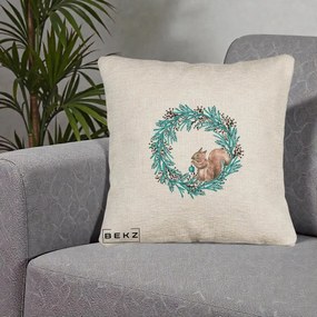 Perna Decorativa Coroana Turcoaz cu Veverita, 40x40 cm, Bej Canapea, Husa Detasabila, Perna Inclusa, BEKZ®