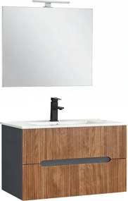 Trent Mobilier de baie 80 cm lavoar ceramic (2 sertare) cu oglindă 60x80 cm gri antracit - stejar apus de soare