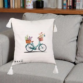 Perna Decorativa Bicicleta Florala Turcoaz Acuarela, 40x40 cm, Bej cu Franjuri, Husa Detasabila, Perna Inclusa, BEKZ®