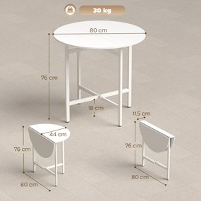 HOMCOM Masă de sufragerie pliabilă, masă de bucătărie rotundă Ø 80 cm pentru 4 persoane cu 2 extensii, picioare din oțel, alb | Aosom Romania