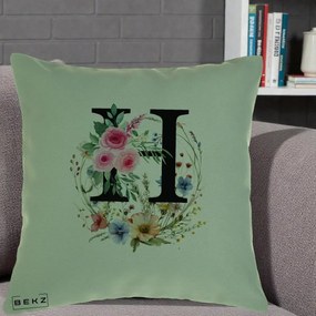 Cadou Personalizat - Perna Personalizata Monogram Litera H cu Flori Acuarela, 40x40 cm, Verde, Husa Detasabila, Perna Inclusa, BEKZ®