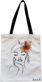 Sacosa de Panza pentru Cumparaturi, Geanta Tote, Flower Lady 13, Cu fermoar, 38x34.5 cm, Alba, BEKZ®