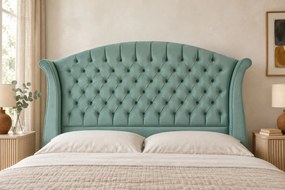 Pat tapițat Chesterfield din catifea Sorella Simple 140×200 cm, verde marin, cu ladă de depozitare
