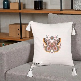 Perna Decorativa Fluture Boho Floral, 40x40 cm, Bej cu Franjuri, Husa Detasabila, Perna Inclusa, BEKZ®