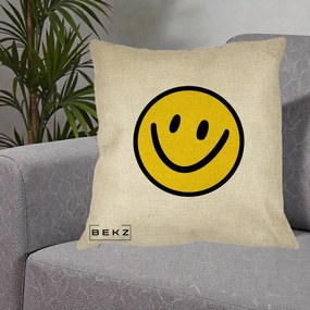 Perna Decorativa Smiley Face Galben Clasic, 40x40 cm, Crem, Husa Detasabila, Perna Inclusa, BEKZ®