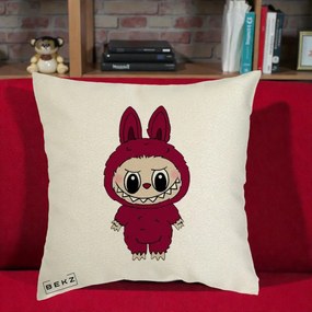 Perna Personalizata Labubu Rosu-Visiniu Solo, 40x40 cm, Ecru, Husa Detasabila, Perna Inclusa, BEKZ®