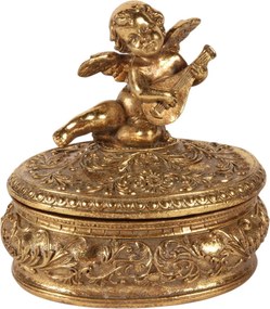 Cutie decorativă din polirășină, auriu, capac cu înger, 11,7 x 11,5 x 9,5 cm, „Chérubin”