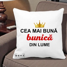 Cadou pentru Bunica - Perna Personalizata Cea Mai Buna Bunica Din Lume Coroana Aurie, 40x40 cm, Alba Mata, Husa Detasabila, Perna Inclusa, BEKZ®