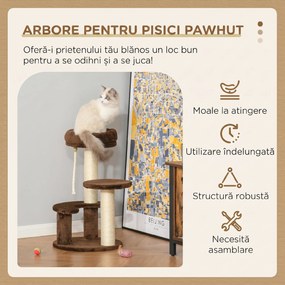 PawHut Arbore de Zgâriat pentru Pisici cu 3 Niveluri, Culcuș și Stâlpi din Sisal, Ø40x65 cm, Maro | Aosom Romania
