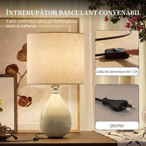 HOMCOM Lampă de masă din ceramică, cu abajur textil aspect in, E27, întrerupător basculant, pentru dormitor, crem | Aosom Romania