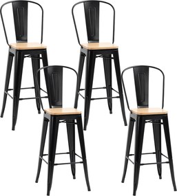 HOMCOM, Set de 4 taburete de bar, stil industrial, cu spătar, suport pentru picioare, înălțime 76 cm, Negru | Aosom Romania
