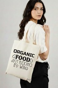 Sacosa de Panza pentru Cumparaturi, Geanta Tote, model Organic food, Just kidding, it's Wine, 38x34.5 cm, Alba, BEKZ®