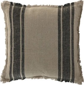 Pernă decorativă pătrată din in natural cu dungi negre și franjuri, 50 x 50 cm, 525 g, bej și negru, husă cu fermoar, „Linen Cushion Square Striped"