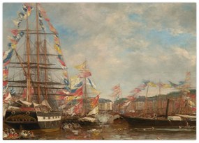 Tablou pe sticlă - Eugène Boudin, Festival in the Harbor of Honfleur, reproducere (70x50 cm)