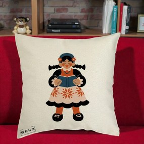Perna Personalizata Fetita cu Carte Ilustratie Folk, 40x40 cm, Ecru, Husa Detasabila, Perna Inclusa, BEKZ®