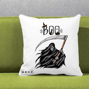 Perna Decorativa Halloween Boo Grim Reaper cu Coasa, 40x40 cm, Alba Mata, Husa Detasabila, Perna Inclusa, BEKZ®