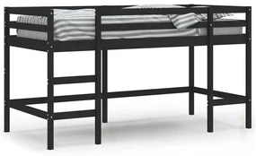 835900 vidaXL Pat etajat de copii cu scară, negru, 90x200 cm, lemn masiv pin
