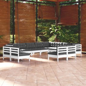 3096876 vidaXL Set mobilier grădină cu perne, 12 piese, alb, lemn masiv pin