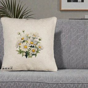 Perna Decorativa Buchet Margarete Albe Acuarela, 40x40 cm, Bej Canapea, Husa Detasabila, Perna Inclusa, BEKZ®