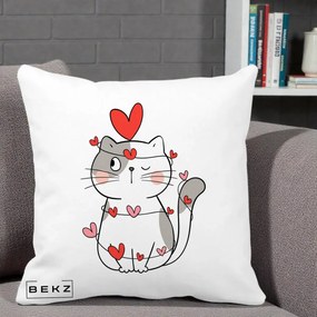 Perna Decorativa Pisica Kawaii cu Inimi, 40x40 cm, Alba Mata, Husa Detasabila, Perna Inclusa, BEKZ®