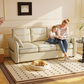 HOMCOM Canapea cu 3 Locuri Tapițată din Piele Ecologică cu Cusături Contrastante, Canapea pentru Sufragerie cu Perne Groase, 2 Perne Detașabile și Lavabile, Brațe și Buzunare Laterale, 190x83x90 cm, Bej | Aosom Romania