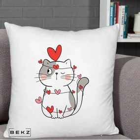 Perna Decorativa Pisica Kawaii cu Inimi, 40x40 cm, Alb Pufos, Husa Detasabila, Perna Inclusa, BEKZ®