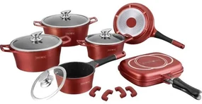 Set oale si tigai marmorate Royaly Line ES 1015M 15 piese rosu burgund, antiaderente, cu tigaie dubla