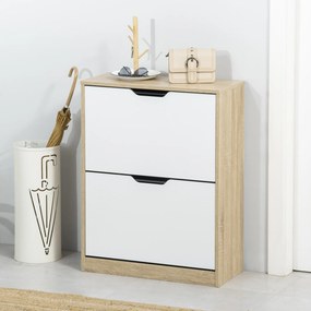 HOMCOM Dulap pantofi cu 2 Sertare Rabatabile, 8 Perechi, cu un Dispozitiv Anti-Răsturnare, Design Compact, 62,5x26x81 cm, Natural | Aosom Romania