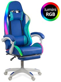 RESIGILAT - Scaun gaming albastru cu alb si suport de picioare OFF 298