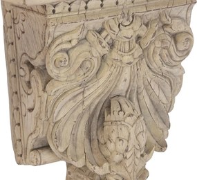Raft de perete din lemn de tec, natur, cu decor sculptat manual, aspect vintage, 30 x 32,5 x 21 cm, „Orgon”