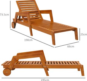 Outsunny Șezlong din lemn cu lamele cu spătar reglabil în 3 poziții cotiere 2 roți 66 x 190 x 73,5 cm | Aosom Romania