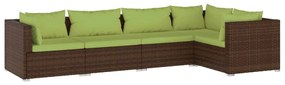Set mobilier de gradina cu perne, 5 piese, maro, poliratan maro si verde, 3x colt + 2x mijloc, 1
