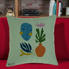 Perna Decorativa Masca Botanica Abstracta, 40x40 cm, Verde, Husa Detasabila, Perna Inclusa, BEKZ®