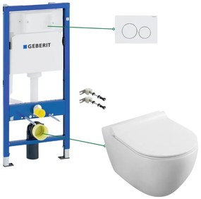 Set vas wc suspendat rimless cu capac soft close, rezervor incastrat si clapeta alba Geberit