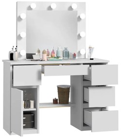 SEA546 - Set Masa toaleta, 120 cm, moderna cosmetica machiaj oglinda, masuta vanity, oglinda 9 LED, cu sau fara Priza, cu sau fara scaun - Alb