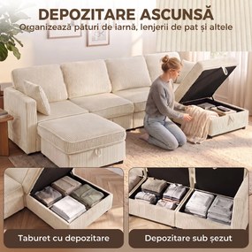 HOMCOM Canapea Modulară în U cu 4 Locuri, 2 Pufuri cu Depozitare, Catifea Reiată, 306x153x85 cm, Crem | Aosom Romania