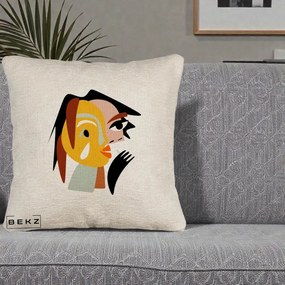 Perna Decorativa Portret Abstract Galben-Ocru, 40x40 cm, Bej Canapea, Husa Detasabila, Perna Inclusa, BEKZ®