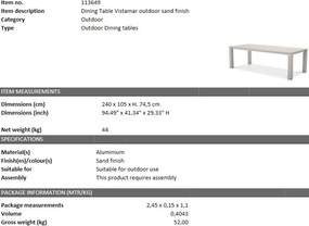 Masa pentru interior/ exterior design LUX din aluminiu Vistamar sand, 240x105cm 113649 HZ
