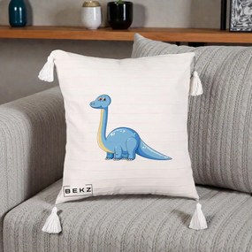 Perna Personalizata Brontosaur Albastru, 40x40 cm, Bej cu Franjuri, Husa Detasabila, Perna Inclusa, BEKZ®