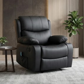 Fotoliu Masaj, Incalzire, rabatabil, sezut cu arcuri metalice, suport picioare extensibil, piele PU, Negru