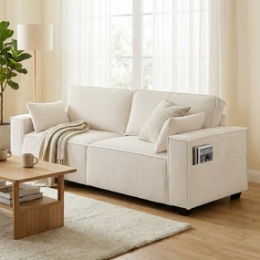 HOMCOM Canapea 3 locuri din velur canelat 218 cm, canapea de living, perne cu arcuri, cotiere late, 2 perne, bej | Aosom Romania