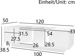 Masă de cafea cu iluminare LED, blat de masă lucios, spațiu generos de depozitare, 120x50x38,5 cm, Alb