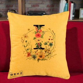Cadou Personalizat - Perna Personalizata Monogram Litera I cu Flori Acuarela, 40x40 cm, Galben, Husa Detasabila, Perna Inclusa, BEKZ®
