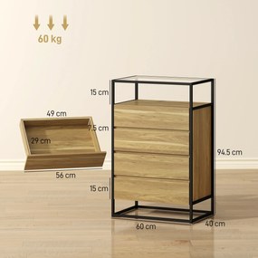 HOMCOM Comodă cu 4 Sertare, Raft Deschis, Oțel, Sticlă Securizată | Aosom Romania