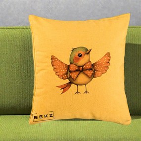 Perna Decorativa Pasare Roz cu Aripi si Fundita, 40x40 cm, Galben, Husa Detasabila, Perna Inclusa, BEKZ®