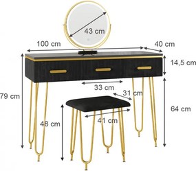 Masuta machiaj cu Oglinda LED si 3 Sertare pentru Cosmetice, Set Masa toaleta 100 cm, Negru, masuta cosmetica, vanity - SEN240